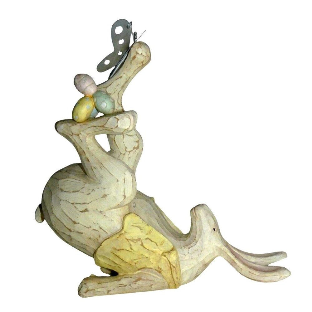 Rare Carved Wood Look Rabbit Figurine Butterfly & Easter Egg Accents Vintage